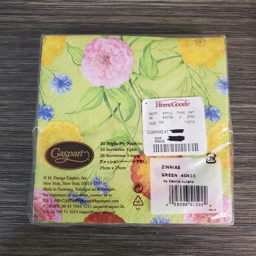 Caspari Zennia Flower Paper Napkins Jade Green 15 ct & Floral 20 ct - 2 Packs